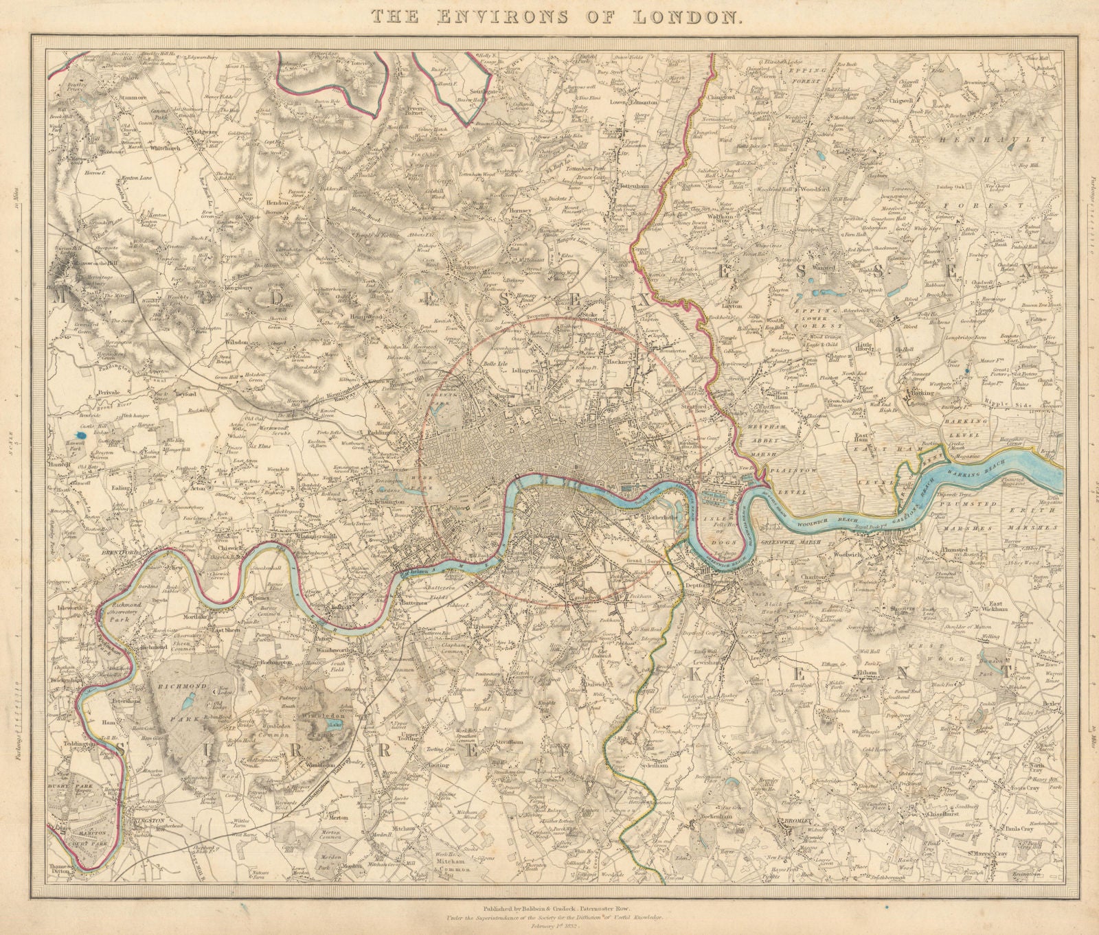LONDON & ENVIRONS. Middlesex Kent Essex Surrey. Coloured. SDUK 1847 old map